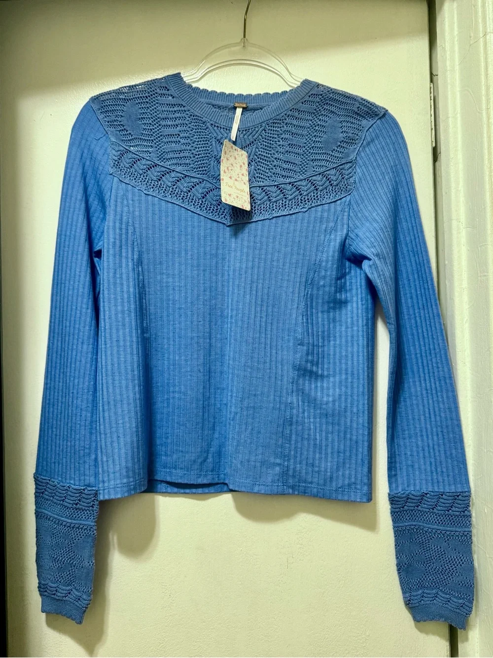 Free People Sky Blue Crochet Yoke Long Sleeve Tee